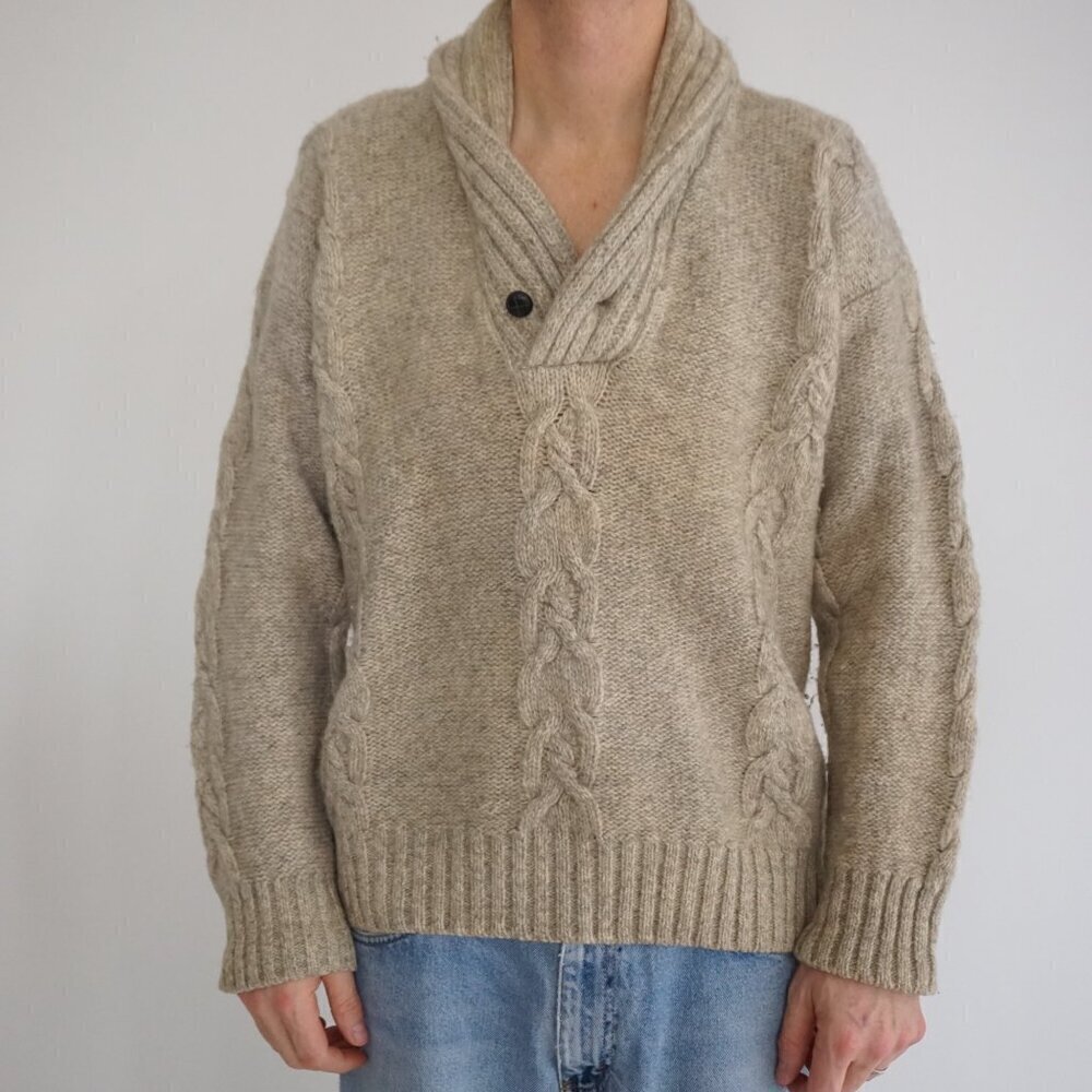 Vintage '90S Tt And Co Sport Taupe Cable Knit 100% Wool Pullover Sweater L